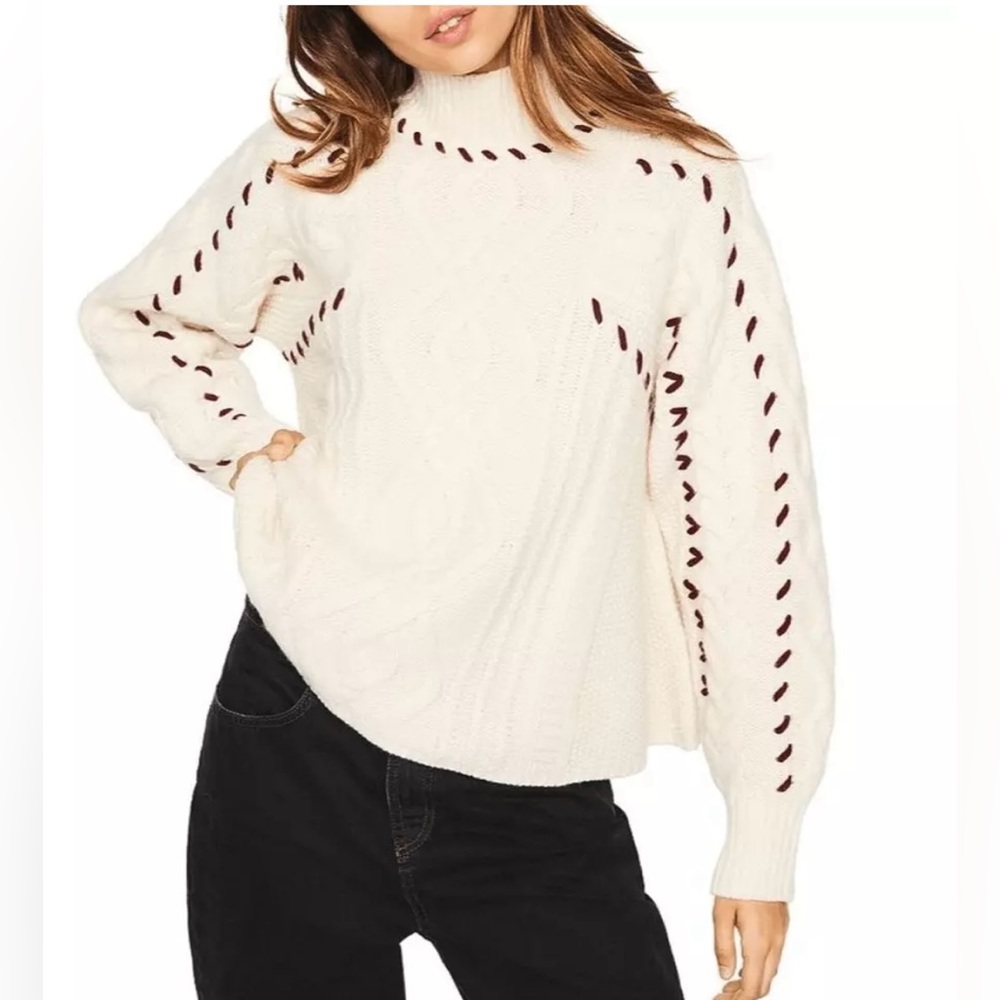BA&SH Eba Turtleneck Cable Knit Wool Blend Pullover White Cream Red Size M
